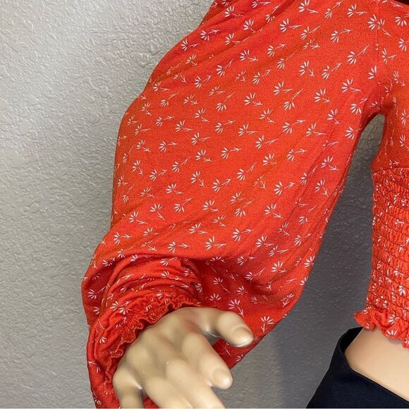 Urban Outfitters Off Shoulder Long Sleeve Crop Top Orange White Floral Medium - Picture 4 of 13